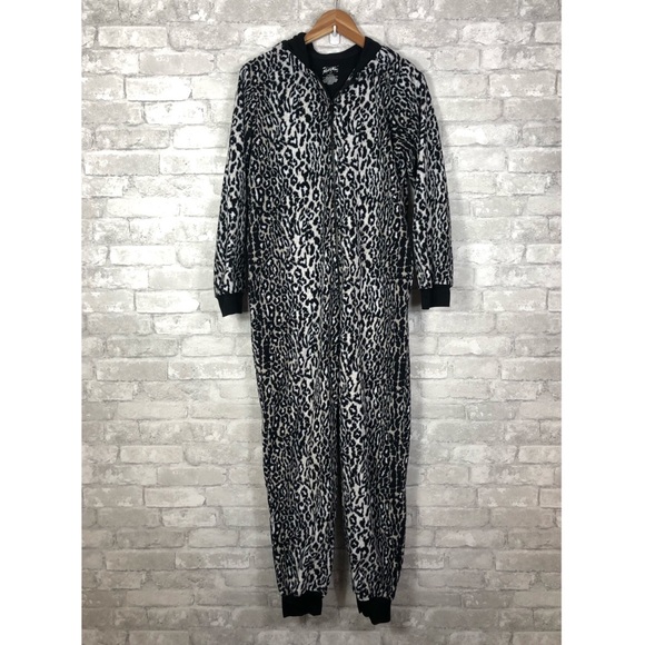 Nick & Nora One Piece Fleece Jogger Cat Pajamas Small Hoodie Black Animal Print - Picture 5 of 12